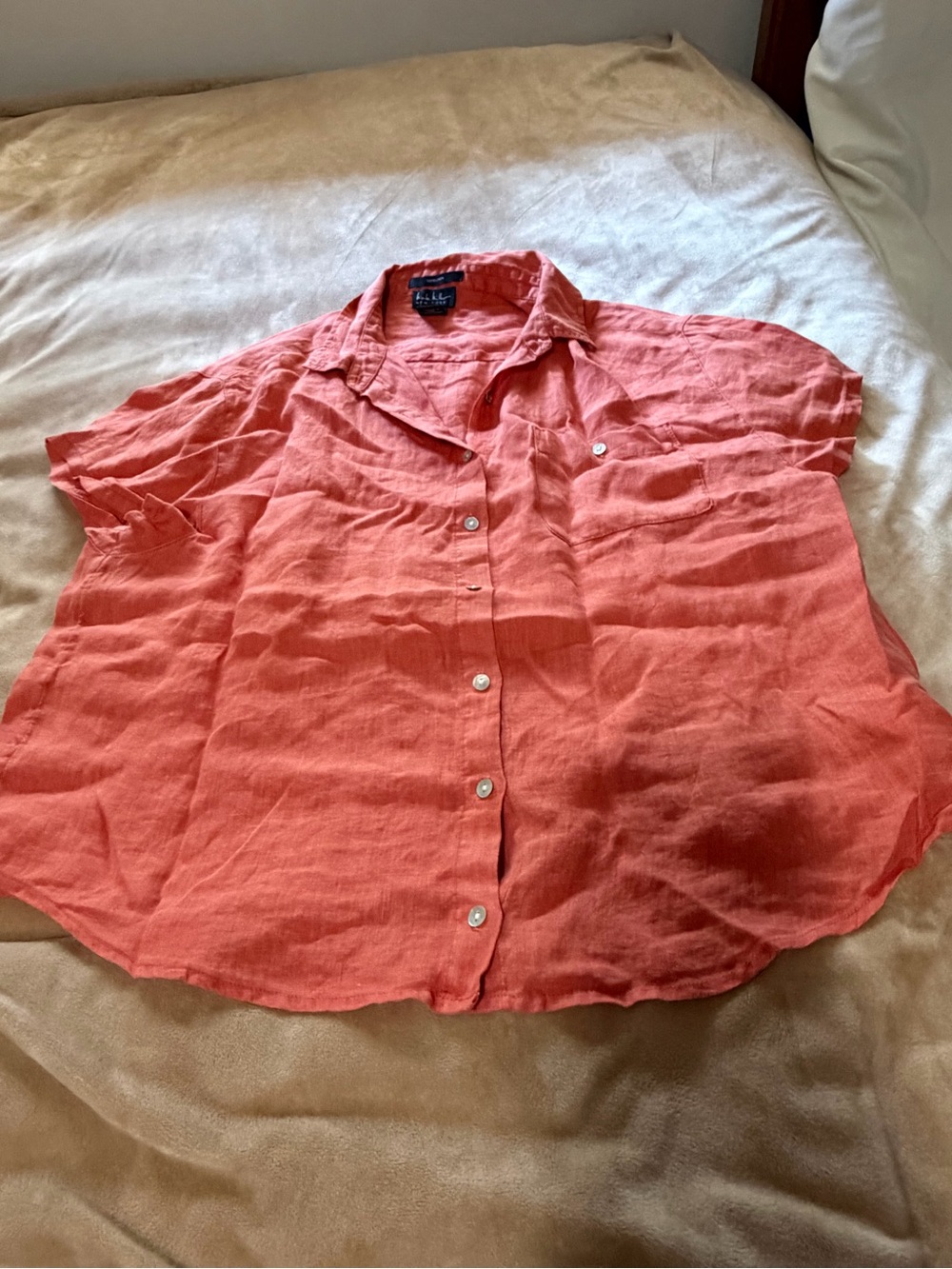 Nicole Miller Linen Coral Short-Sleeve Button Front Top Medium Travel